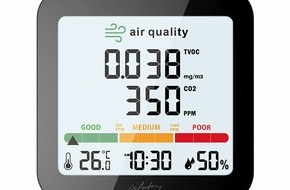 PEARL GmbH: infactory Akku-Messgerät für TVOC, mit CO2-Anzeige, Uhrzeit, Thermo-/Hygrometer: Macht sofort auf schlechte Luft aufmerksam