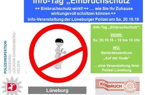 Polizeiinspektion Lüneburg/Lüchow-Dannenberg/Uelzen: POL-LG: ++ Save the date ++ Info-Tag "Einbruchschutz" der Polizei Lüneburg ++ am Samstag, 20.10.18 - 10 bis 13 Uhr im BHZ Auf der Hude ++