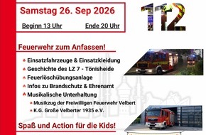Feuerwehr Velbert: FW-Velbert: "Tag der offenen T&uuml;r" beim L&ouml;schzug T&ouml;nisheide am 26. September 2026