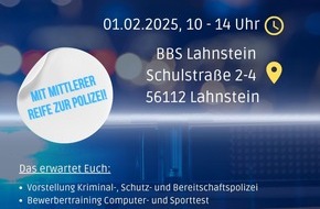 Polizeipräsidium Koblenz: POL-PPKO: Tag der offenen Tür BBS Lahnstein - Polizeidienst & Verwaltung - Vorführungen & Bewerbungstraining