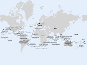 AIDA Pressemeldung: 144 Tage, 6 Kontinente, 55 H&auml;fen: Buchungsstart f&uuml;r AIDA Weltreise 2027