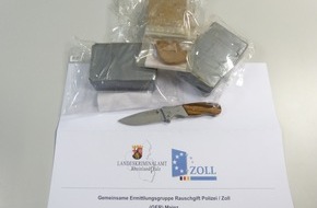 Zollfahndungsamt Frankfurt am Main: ZOLL-F: Gemeinsame Pressemitteilung des ZFA Frankfurt am Main und LKA Rheinland-Pfalz
Bewaffneter vermeintlicher Rauschgiftschmuggler festgenommen
1,5 Kilogramm Heroin sichergestellt