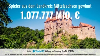 Sächsische Lotto-GmbH: Vierter Millionengewinn in diesem Jahr: 1.077.777 Euro bei Spiel 77 im Landkreis Mittelsachsen gewonnen