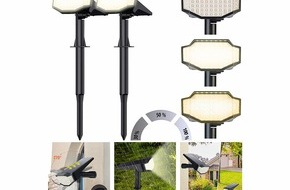 PEARL GmbH: Luminea 2er-Set High-Power-Solar-LED-Gartenspots, 650 lm, IP65, warmweiß oder tageslichtweiß: Automatisch helles Licht rund ums Haus - für mehr Sicherheit und gute Sicht