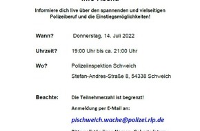 Polizeidirektion Trier: POL-PDTR: ERINNERUNG! Polizei live erleben- Informationsabend für Nachwuchskräfte. Es sind noch Plätze frei!