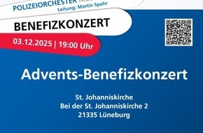 Polizeiinspektion Lüneburg/Lüchow-Dannenberg/Uelzen: POL-LG: ++ "Alle Jahre wieder..." ++ der Kriminalpräventionsrat Lüneburg präsentiert: das Benefiz-Adventskonzert des Polizeiorchesters Nds. in St. Johannis ++ Mi., 03.12., 19:00 Uhr ++ ...