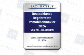 von Poll Immobilien GmbH: Höchstzahl für VON POLL IMMOBILIEN als begehrtester Immobilienmakler 2024