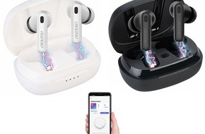 PEARL GmbH: True-Wireless-In-Ear-Kopfhörer mit ANC und Steuerung per App: auvisio In-Ear-Stereo-Headset IHS-730.app mit ANC, Bluetooth 5.2, Ladebox, App, schwarz oder weiß