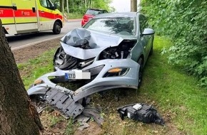 Polizeiinspektion Stade: POL-STD: Mit Auto frontal gegen Baum geprallt - Fahrer leicht verletzt