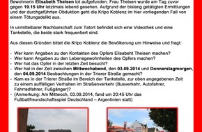 Polizeipräsidium Koblenz: POL-PPKO: Tötungsdelikt an Koblenzer Seniorin - Hintergründe nach wie vor unklar