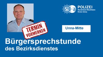 Kreispolizeibehörde Unna: POL-UN: Unna- Bürgersprechstunde des Bezirksdienstes der Polizei in Unna-Mitte - Bezirksbeamter Dirk Schneck bietet am Donnerstag, den 12.03.2020 Informationen und Hilfe an