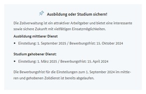 Hauptzollamt Kiel: HZA-KI: Hauptzollamt Kiel sucht die nächste Generation / Am 23.02. und 24.02.2024 auf der Ausbildungsmesse öffentlicher Dienst in Lübeck im Citti Park informieren
