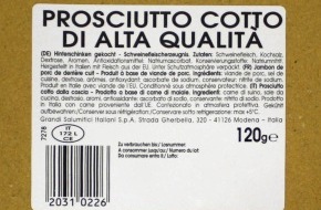 Grandi Salumifici Italiani S.p.A.: Il produttore Grandi Salumifici Italiani S.p.A. di Modena (Italia) richiama il suo prodotto "Prosciutto Cotto di Alta Qualità", 120g