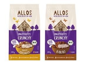 Presseinfo: Allos baut ungesüßtes Crunchy-Sortiment aus: Neue Sorten Frucht Edelnuss und Kakao