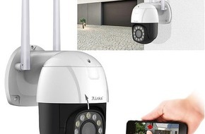 PEARL GmbH: 7links PTZ-IP-Überwachungskamera IPC-420, 2K+, 5x optischer Zoom, IR, WLAN, 64GB, App: Details heranzoomen und durch 360°-Sichtfeld rundum überwachen