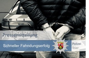 Polizeipräsidium Trier: POL-PPTR: Schneller Fahndungserfolg - Kriminalpolizei fasst Bankräuber