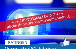 Polizei Mettmann: POL-ME: Rücknahme der Fahndung: Vermisster Ratinger wohlbehalten in Düsseldorf angetroffen - Ratingen - 2210119