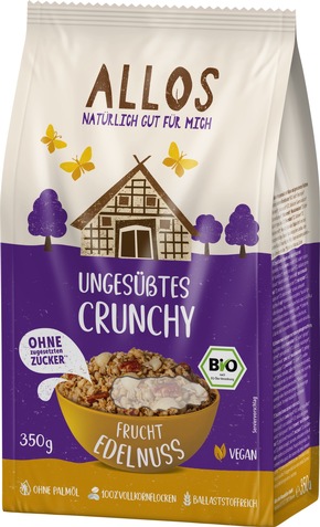 Presseinfo: Allos baut ungesüßtes Crunchy-Sortiment aus: Neue Sorten Frucht Edelnuss und Kakao