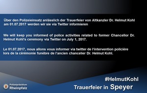 Polizeipräsidium Rheinpfalz: POL-PPRP: Polizeieinsatz anlässlich Trauerfeier von Altkanzler Dr. Helmut Kohl am 1. Juli 2017