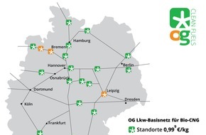 OrangeGas Germany GmbH: Sprit für 99,9 ct entlang der Transport-Routen / OG Clean Fuels bietet im Lkw-Basisnetz regenerativen Kraftstoff besonders günstig an