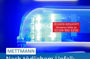 Polizei Mettmann: POL-ME: Nach tödlichem Verkehrsunfall: Polizei sucht Zeugen des Unfallhergangs - Mettmann - 2306092