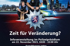 Polizeipr&auml;sidium Nordhessen: POL-KS: Zeit f&uuml;r Ver&auml;nderung? Komm in unser Polizeiteam! - Polizei l&auml;dt Interessierte am 22.11.2023 zu Veranstaltung ins Polizeipr&auml;sidium ein