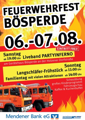 FW Menden: Traditionelles Feuerwehrfest in Bösperde am 1. August-Wochenende