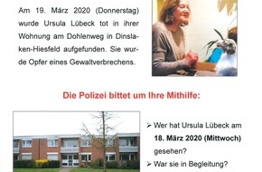 Kreispolizeibehörde Wesel: POL-WES: Dinslaken-Hiesfeld: Mordfall Ursula Lübeck - Zeugensuche mit Plakaten und Slideshow (Pressemitteilung der Polizei Duisburg)
