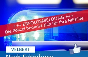 Polizei Mettmann: POL-ME: Öffentlichkeitsfahndung zeigte schnellen Erfolg - Velbert - 1910044