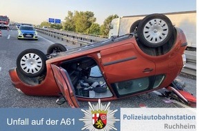 Polizeidirektion Neustadt/Weinstraße: POL-PDNW: Polizeiautobahnstation Ruchheim - Pkw übersieht Lkw beim Auffahren auf die A61 und überschlägt sich. Linke Spur gesperrt.