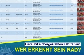 Polizeipräsidium Nordhessen - Kassel: POL-KS: Bekämpfung des Fahrraddiebstahls: Kasseler Polizei veröffentlicht Liste aktuell sichergestellter Fahrräder im Internet und sucht Eigentümer