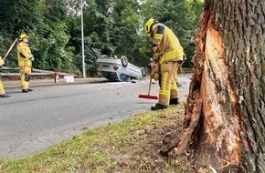 Kreisfeuerwehr Oldenburg: FW-OLL: PKW prallt gegen Baum und &uuml;berschl&auml;gt sich