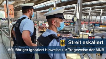 Bundespolizeidirektion München: Bundespolizeidirektion München: Streit im Meridian eskaliert: 50-Jähriger tritt nach Mann, der die falsche Trageweise der Mund-Nasen-Bedeckung kritisiert