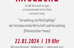 Polizeiinspektion Emsland/Grafschaft Bentheim: POL-EL: Lingen - Einladung zur Infoveranstaltung für den neuen Zweig für Polizeischüler an der BBS Lingen (Foto)