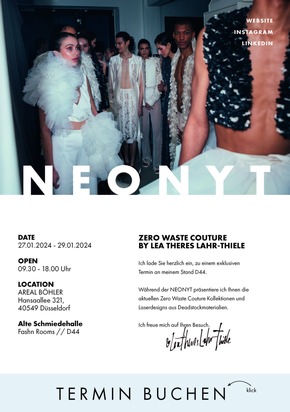 Presseeinladung: Treffen Sie die preisgekrönte Newcomer-Mode-Designerin Lea Theres Lahr-Thiele auf der nachhaltigen Modemesse Neonyt in Düsseldorf vom 27. bis 29. Januar 2024