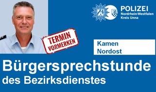 Kreispolizeibehörde Unna: POL-UN: Kamen- Bürgersprechstunde des Bezirksdienstes der Polizei 
- Bezirksbeamter Frank Ellerkmann bietet am Freitag, den 09.08.2019 Informationen und Hilfe an