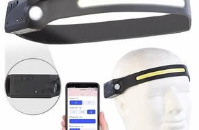 PEARL GmbH: Leuchtet den Weg hell aus und ruft per App „ELESION“ im Notfall schnell Hilfe: KryoLights Smarte Akku-Stirnlampe SL-600.bt mit 2 Lichtquellen, 500 Lumen