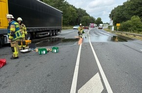 Feuerwehr Bremerhaven: FW Bremerhaven: Verkehrsunfall auf der Cherbourger Stra&szlig;e: Aufgerissener LKW-Tank sorgt f&uuml;r Vollsperrung und Dieselaustritt
