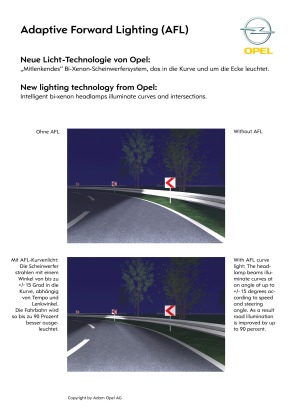 Opel AG: AFL - Adaptive Forward Lighting / Neue innovative Licht-Technologie für Opel Vectra und Signum / Opel bringt &quot;mitlenkende&quot; Bi-Xenon-Scheinwerfer in die Mittelklasse