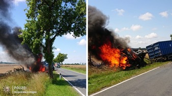 Polizeiinspektion Stralsund: POL-HST: Lkw fängt nach Verkehrsunfall Feuer - Fahrer schwer verletzt