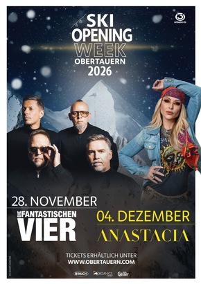 Im Zuge von &Ouml;sterreichs gr&ouml;&szlig;ter Schatzsuche k&uuml;ndigt Obertauern bereits die n&auml;chsten Highlights an: Die Fantastischen Vier und Anastacia bei der Skiopening Week 2026 in Obertauern