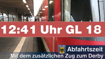Bundespolizeidirektion Sankt Augustin: BPOL NRW: Revierderby FC Schalke 04 : Borussia Dortmund - Fahrzeiten zusätzlicher Zug - Bahnreisende Fußballfans sollten auch auf Regelzüge ausweichen!