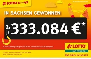 Sächsische Lotto-GmbH: KOPIE VON: SUPERDING-Paket gewinnt 333.084 Euro bei LOTTO 6aus49