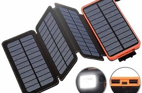 PEARL GmbH: Energie satt für Mobilgeräte - mit kostenloser Sonnenenergie: revolt Solar-Powerbank PB-90.s mit faltbarem 8-W-Solarpanel, LED-Lampe, 16 Ah, 2,1 A