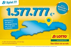 Sächsische Lotto-GmbH: Dritter SACHSENLOTTO-Millionengewinn:  1.577.000 Euro bei Spiel 77 in Dresden gewonnen