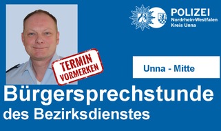 Kreispolizeibehörde Unna: POL-UN: Unna- Bürgersprechstunde des Bezirksdienstes der Polizei in Unna-Mitte - Bezirksbeamter Dirk Schneck bietet am Donnerstag, den 09.01.2020 Informationen und Hilfe an