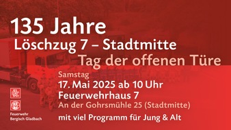 Feuerwehr Bergisch Gladbach: FW-GL: 135 Jahre Löschzug Stadtmitte - Feuerwehr Bergisch Gladbach lädt zum Tag der offenen Tür