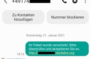 Polizeipräsidium Neubrandenburg: POL-NB: Ihr Paket wurde verschickt... Warnung vor Cybercrime per SMS
