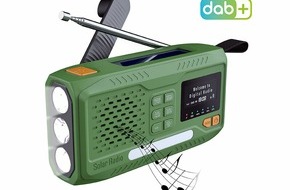 PEARL GmbH: infactory Mobiles DAB+-Kurbelradio SOL-1550 mit EWF, Solarpanel, LED, USB, Bluetooth 5: Spielt Musik, spendet Licht und warnt dank Notfall-Warn-Funktion