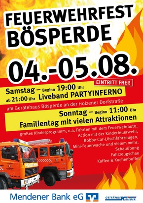 FW Menden: Action, Spaß und Information bei der Feuerwehr Menden-Bösperde: Tag der offenen Tür am 1. August-Wochenende